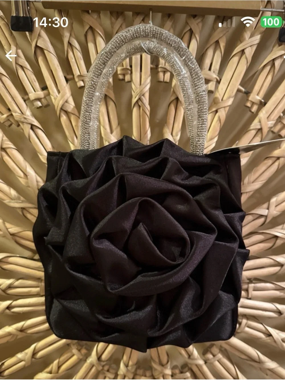 Black Satin Rose Appliqué Evening Clutch with Crystal Handle